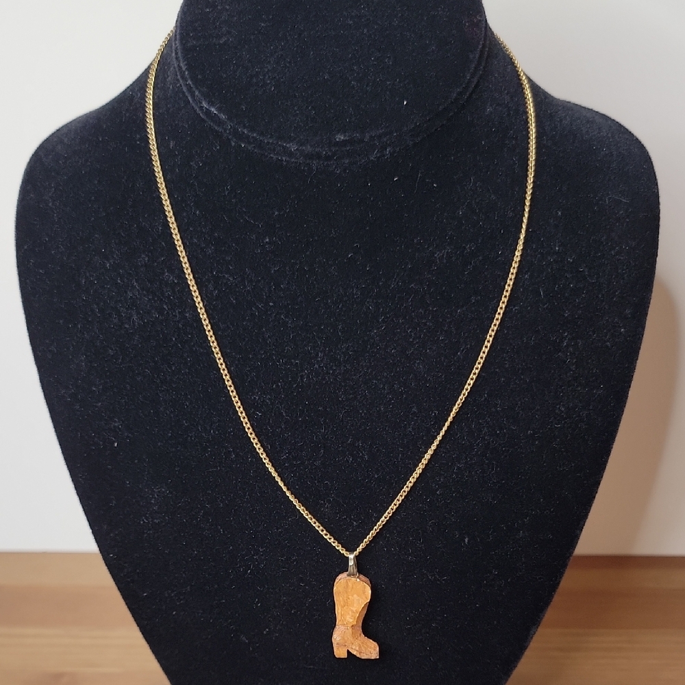 Wooden Hand Carved Cowboy Boot Pendant On Gold Tone Necklace 18"